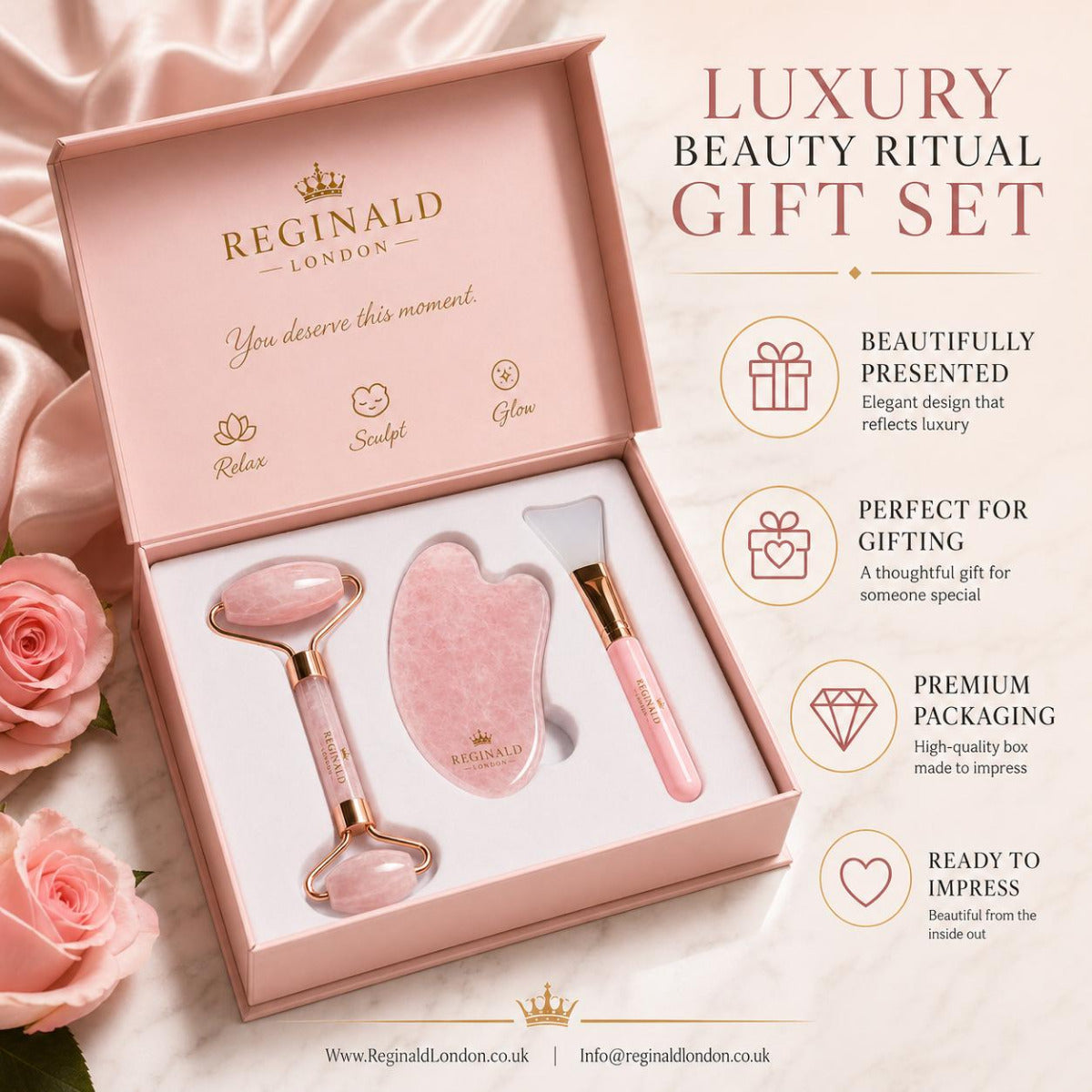 Rose quartz gua sha by Reginald London, hand-finished from natural stone.