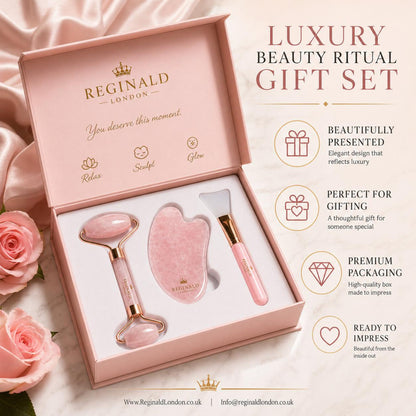 Rose quartz gua sha by Reginald London, hand-finished from natural stone.