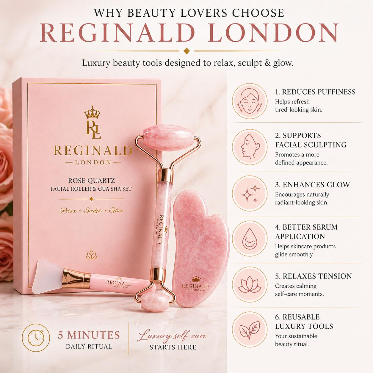 Dual-headed rose quartz facial roller by Reginald London, cut from natural stone.